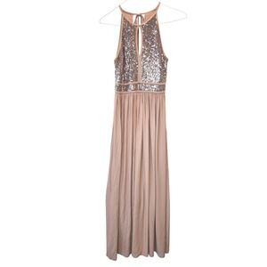 Morgan & Co Rose Gold Sequin Halter Keyhole Maxi Dress Gown Pink Size 5 NEW